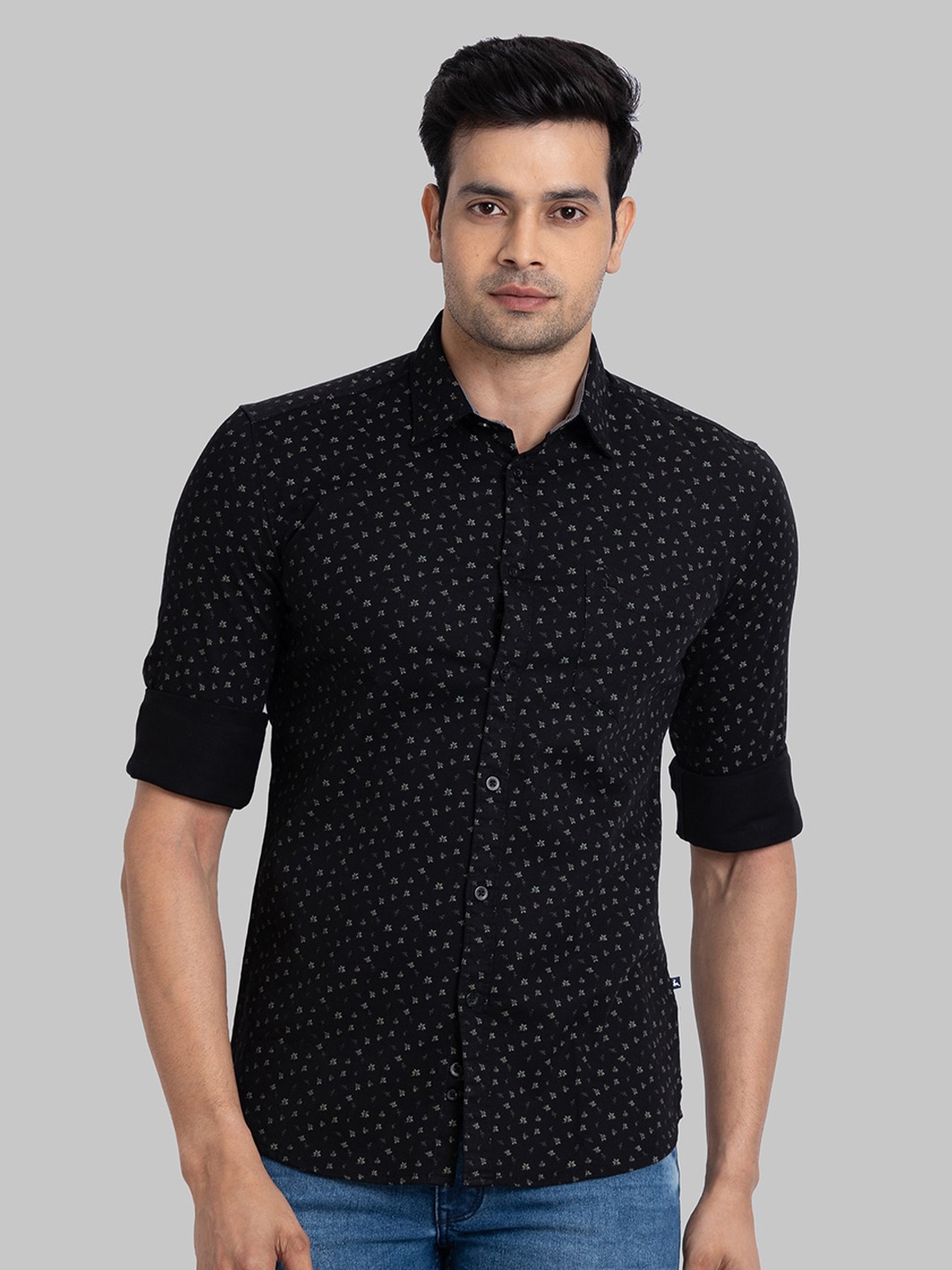 

Parx Men Slim Fit Printed Spread Collar Long Sleeves Casual Shirt, Black