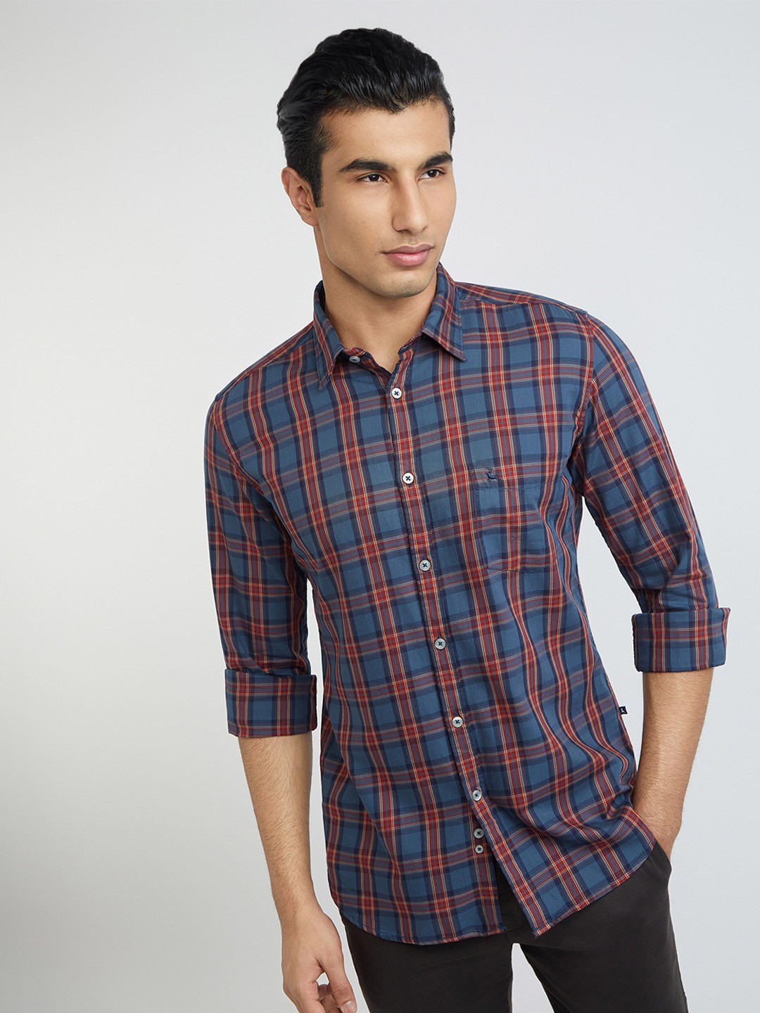 

Parx Slim Fit Tartan Checks Cotton Checked Casual Shirt, Grey