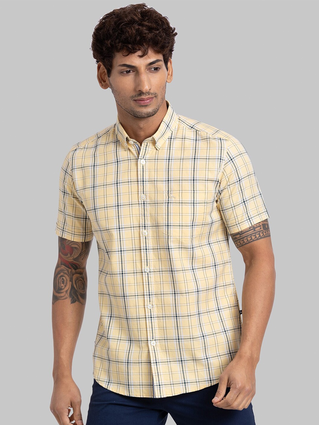 

Parx Slim Fit Tartan Checked Button-Down Collar Short Sleeves Cotton Casual Shirt, Yellow