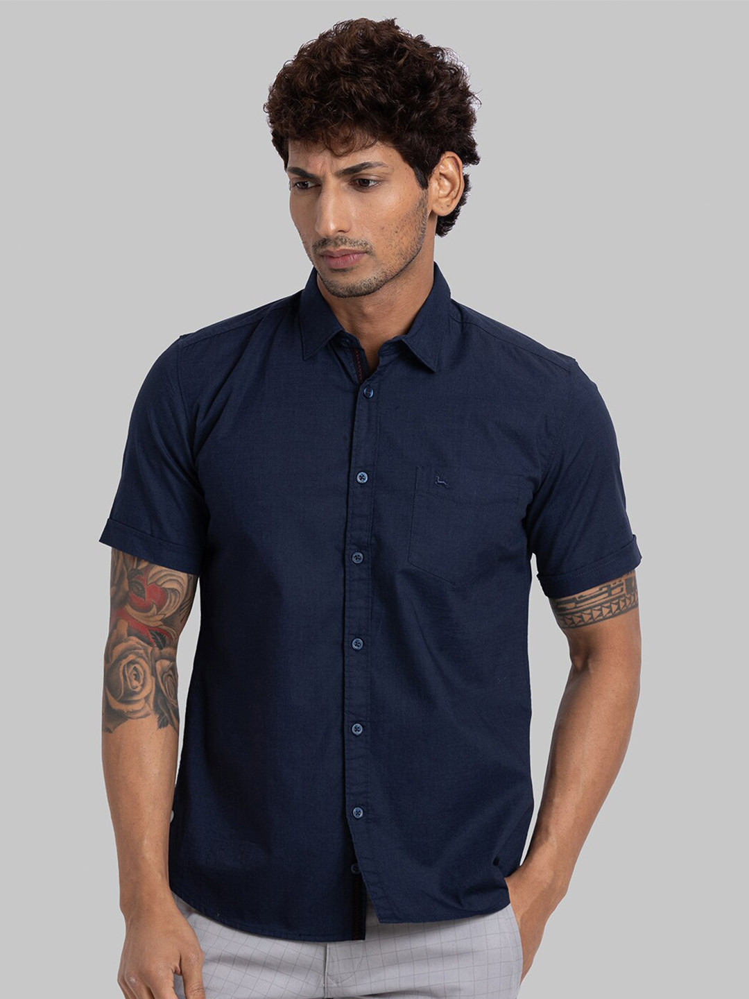 

Parx Slim Fit Spread Collar Short Sleeves Casual Shirt, Blue
