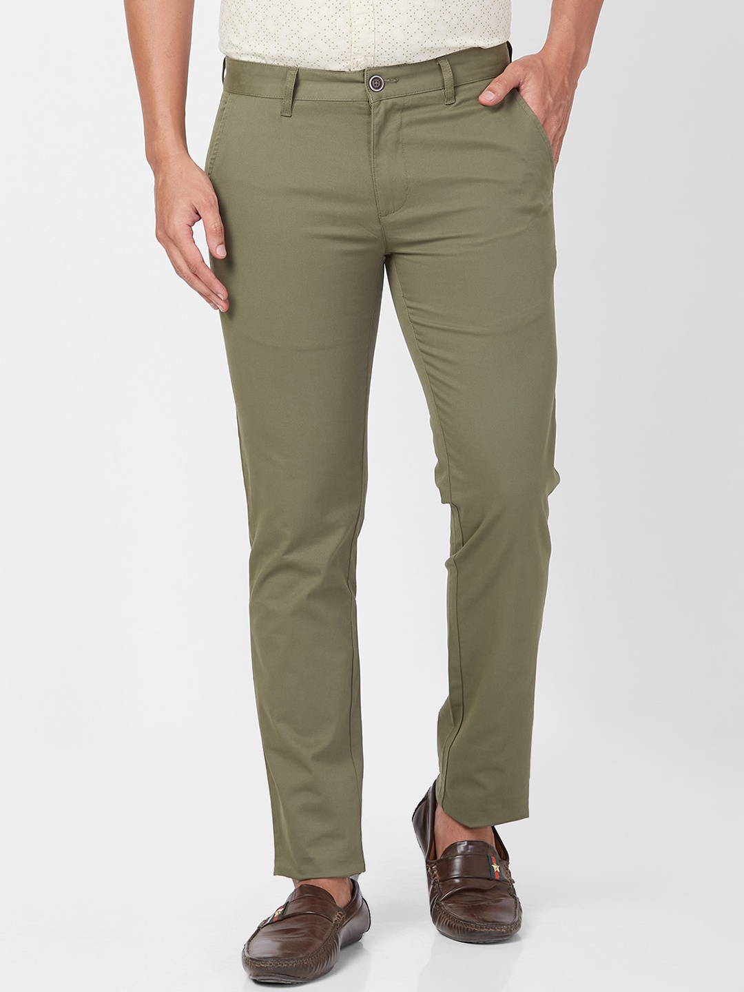 

Parx Tapered Fit Low-Rise Cotton Regular Trousers, Green