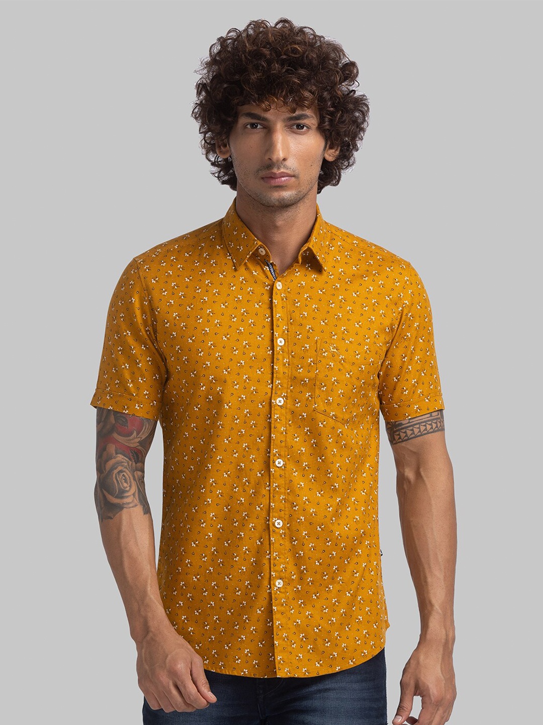 

Parx Slim Fit Floral Printed Opaque Cotton Casual Shirt, Yellow