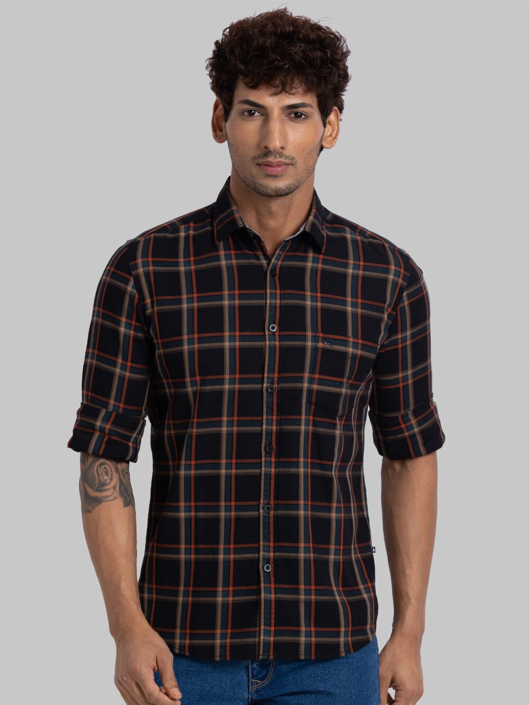 

Parx Slim Fit Tartan Checks Cotton Checked Casual Shirt, Black