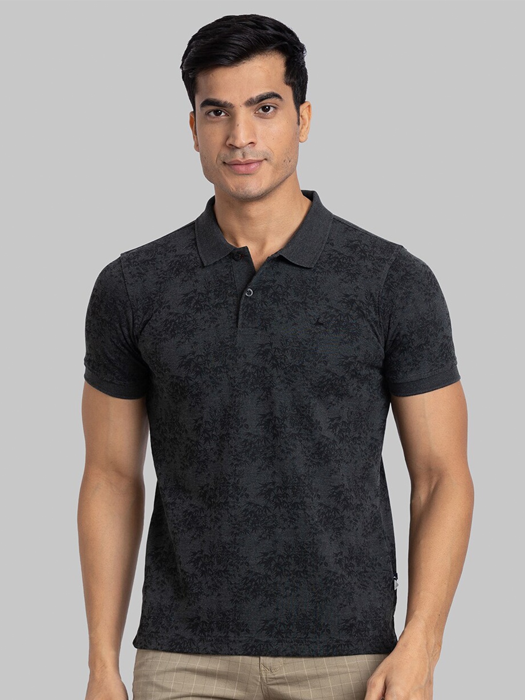 

Parx Floral Printed Polo Collar Short Sleeves Cotton Regular Fit T-shirt, Grey
