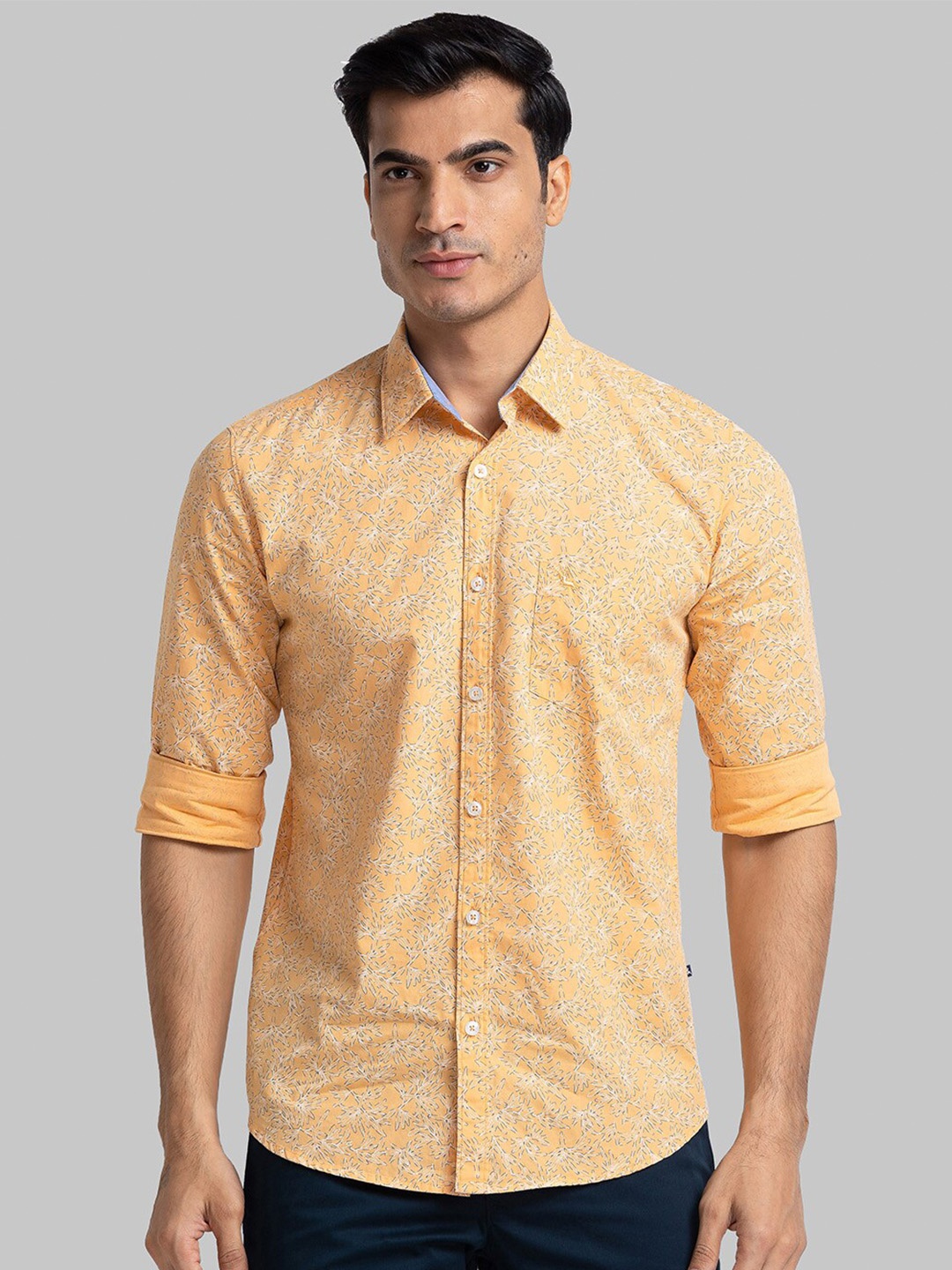 

Parx Slim Fit Floral Printed Spread Collar Long Sleeves Casual Shirt, Orange