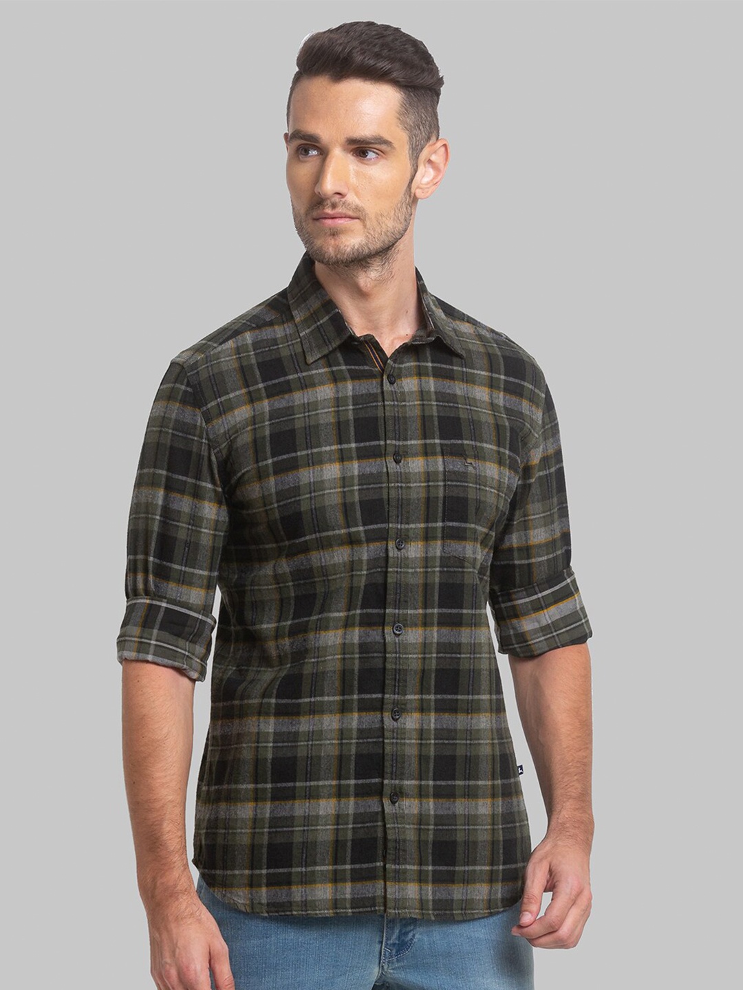 

Parx Slim Fit Tartan Checks Checked Spread Collar Casual Shirt, Green