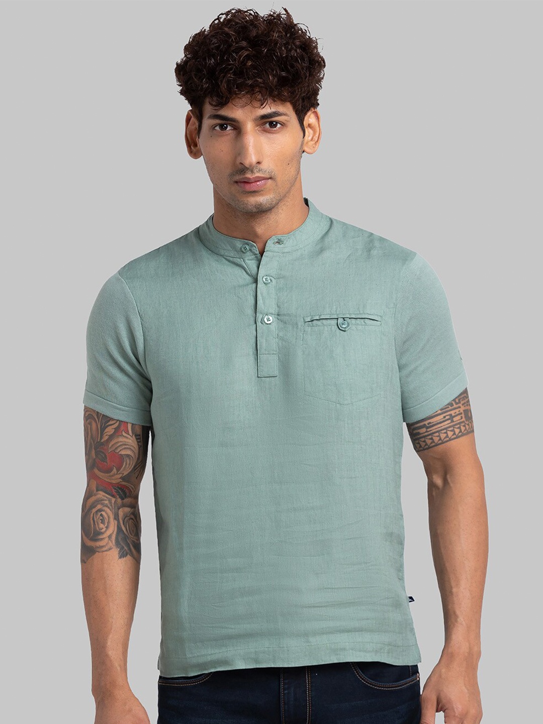 

Parx Solid Band Collar Short Sleeves Pockets Casual Cotton T-shirt, Green