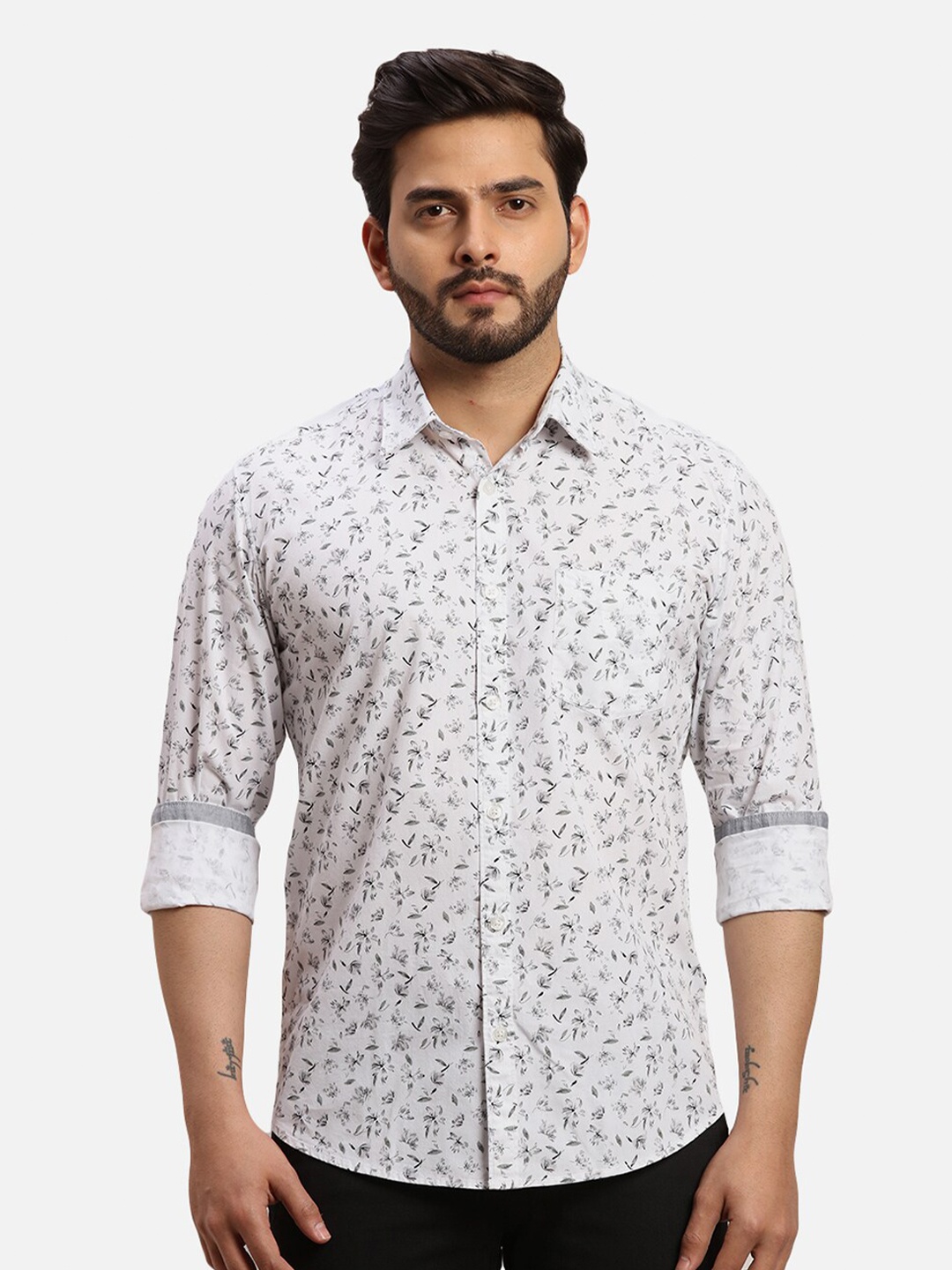 

Parx Slim Fit Floral Printed Spread Collar Casual Shirt, White