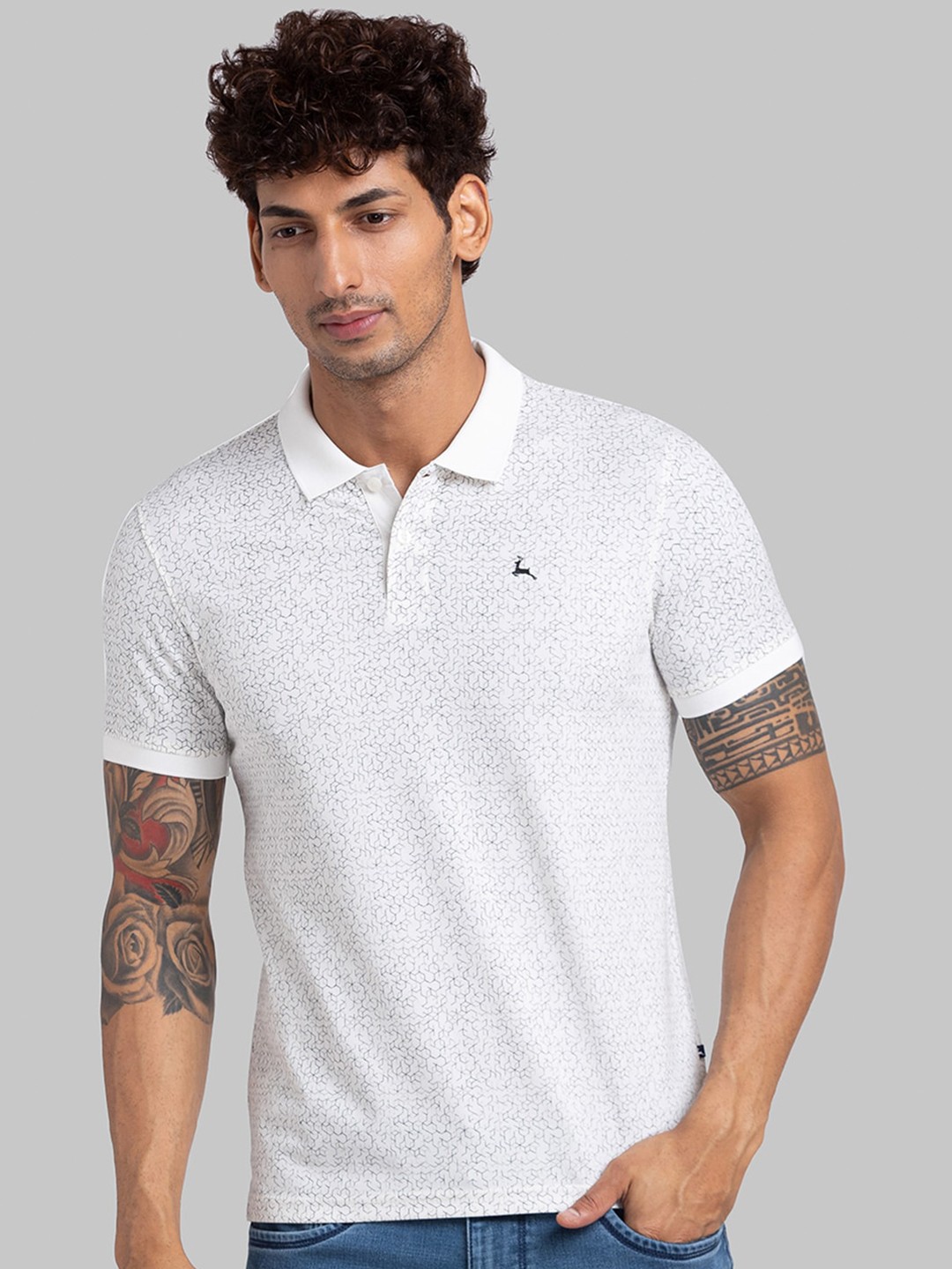 

Parx Geometric Print Polo Collar Casual T-shirt, White