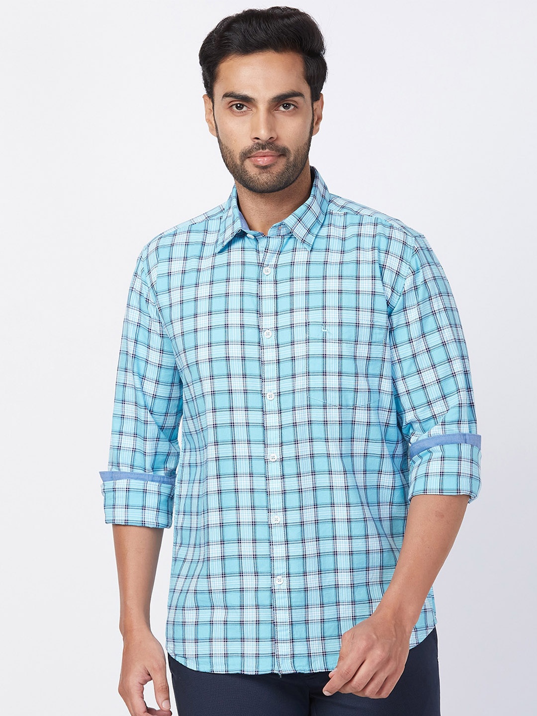 

Parx Slim Fit Checked Spread Collar Long Sleeves Casual Shirt, Blue