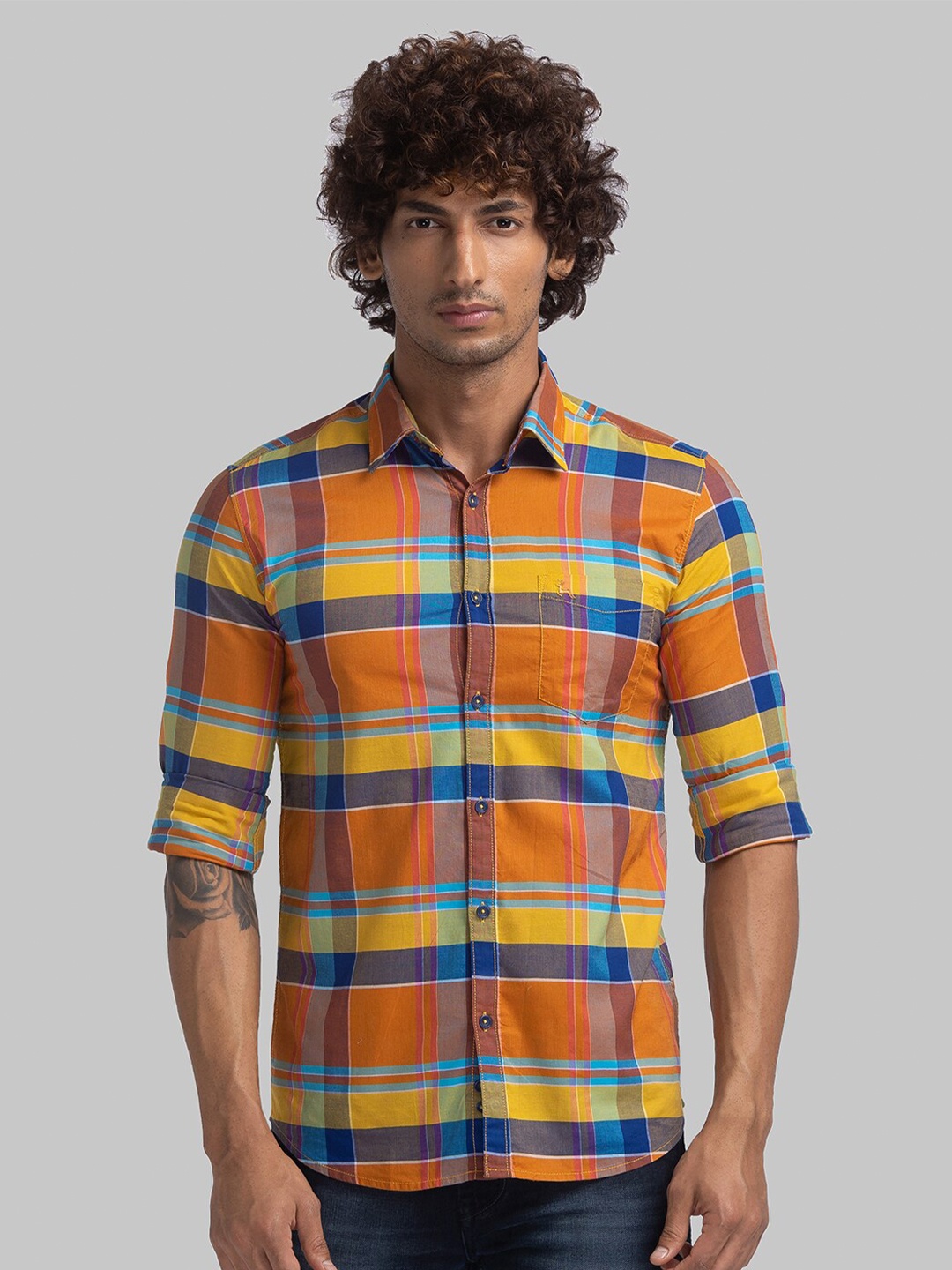 

Parx Slim Fit Checked Spread Collar Long Sleeves Casual Shirt, Yellow