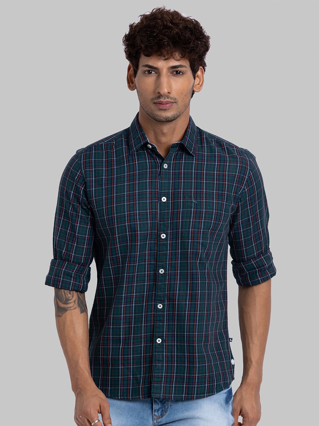 

Parx Slim Fit Checked Opaque Cotton Casual Shirt, Green