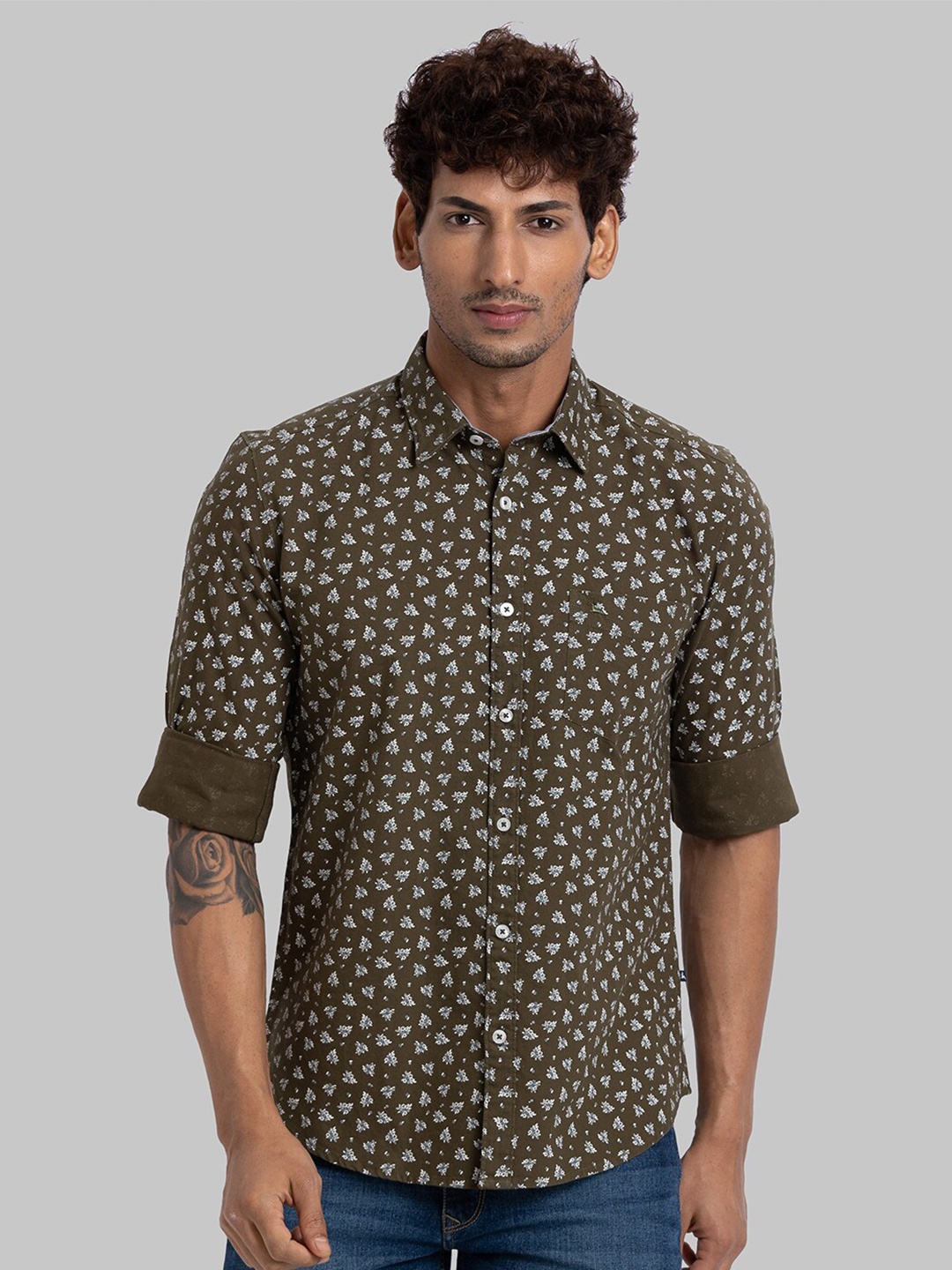 

Parx Slim Fit Floral Printed Spread Collar Casual Shirt, Green