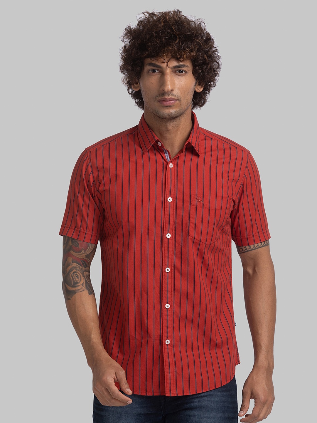 

Parx Slim Fit Striped Cutaway Collar Pure Cotton Casual Shirt, Red