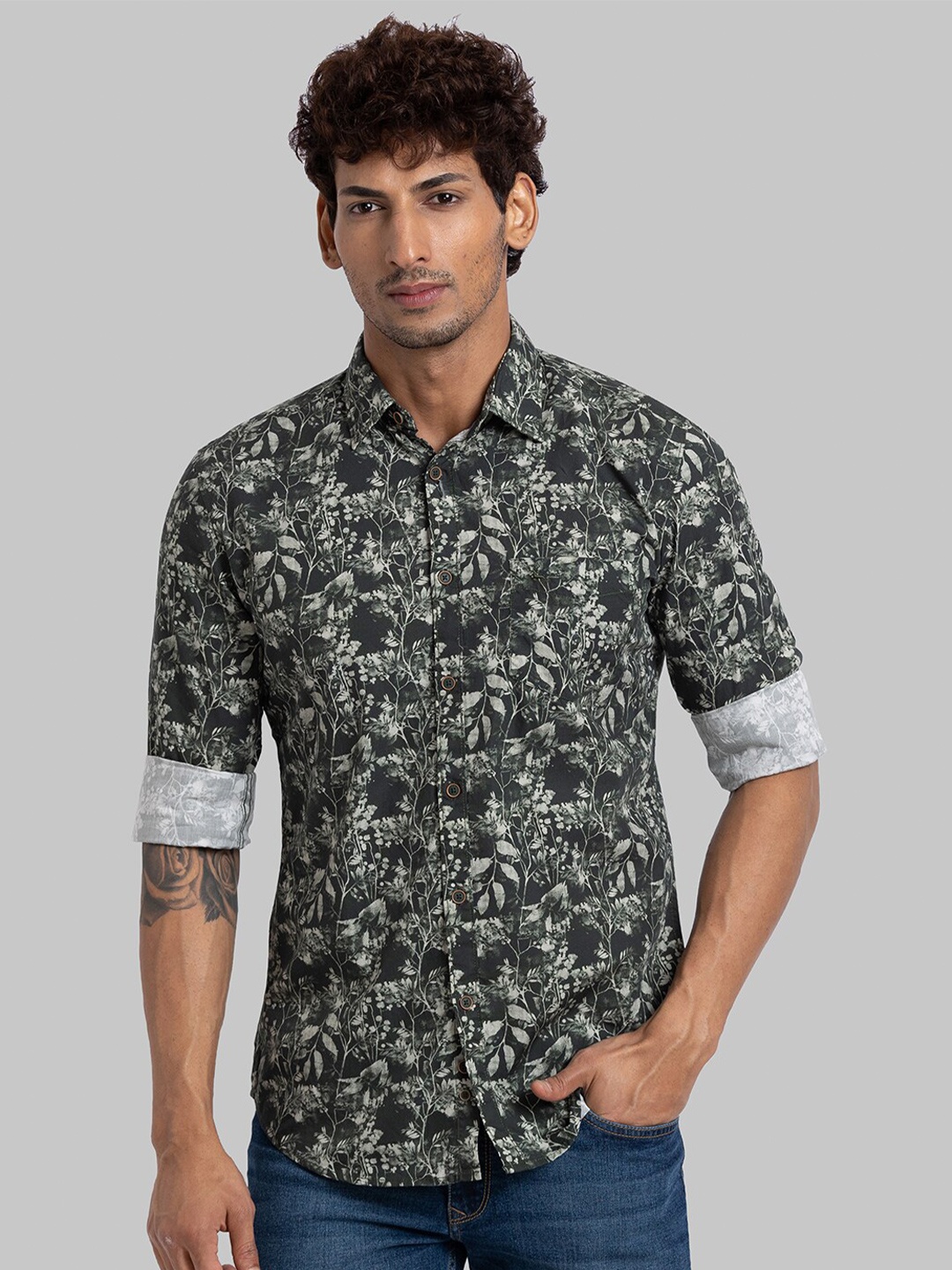 

Parx Slim Fit Floral Printed Spread Collar Long Sleeves Casual Shirt, Green