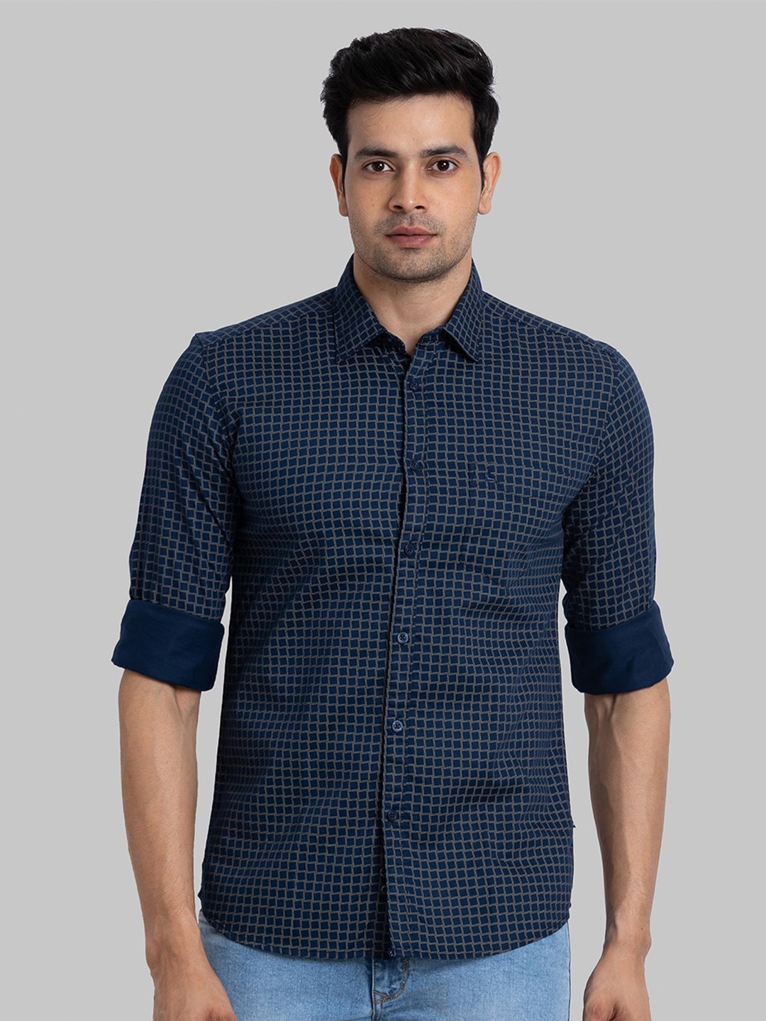 

Parx Slim Fit Checked Spread Collar Long Sleeves Cotton Casual Shirt, Blue