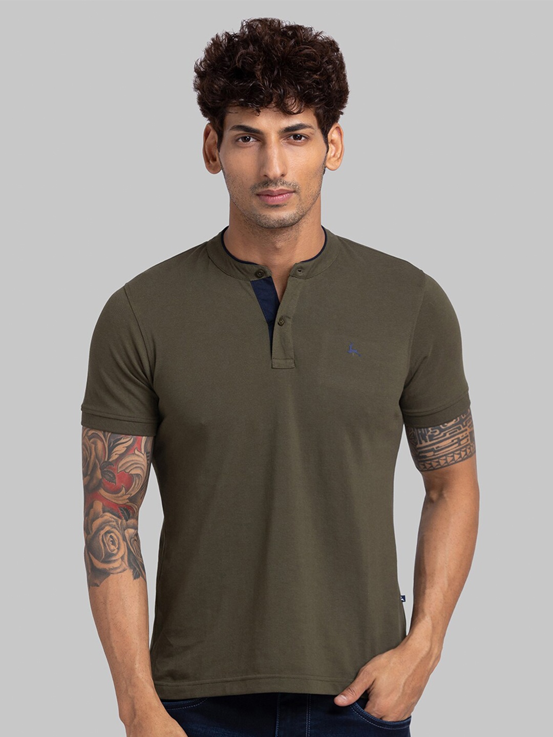 

Parx Solid Band Collar Short Sleeves Casual T-shirt, Green