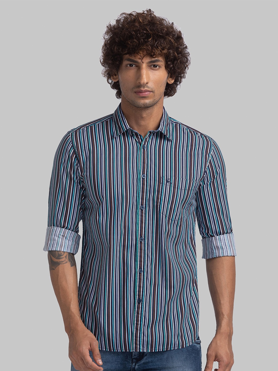 

Parx Slim Fit Striped Spread Collar Casual Shirt, Green