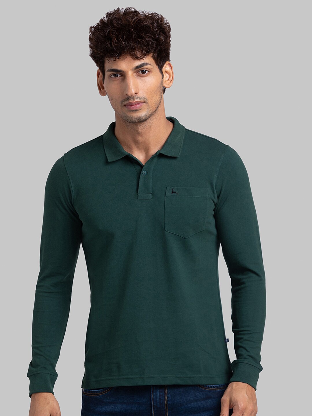 

Parx Polo Collar Long Sleeves Patch Pocket Cotton Casual T-shirt, Green