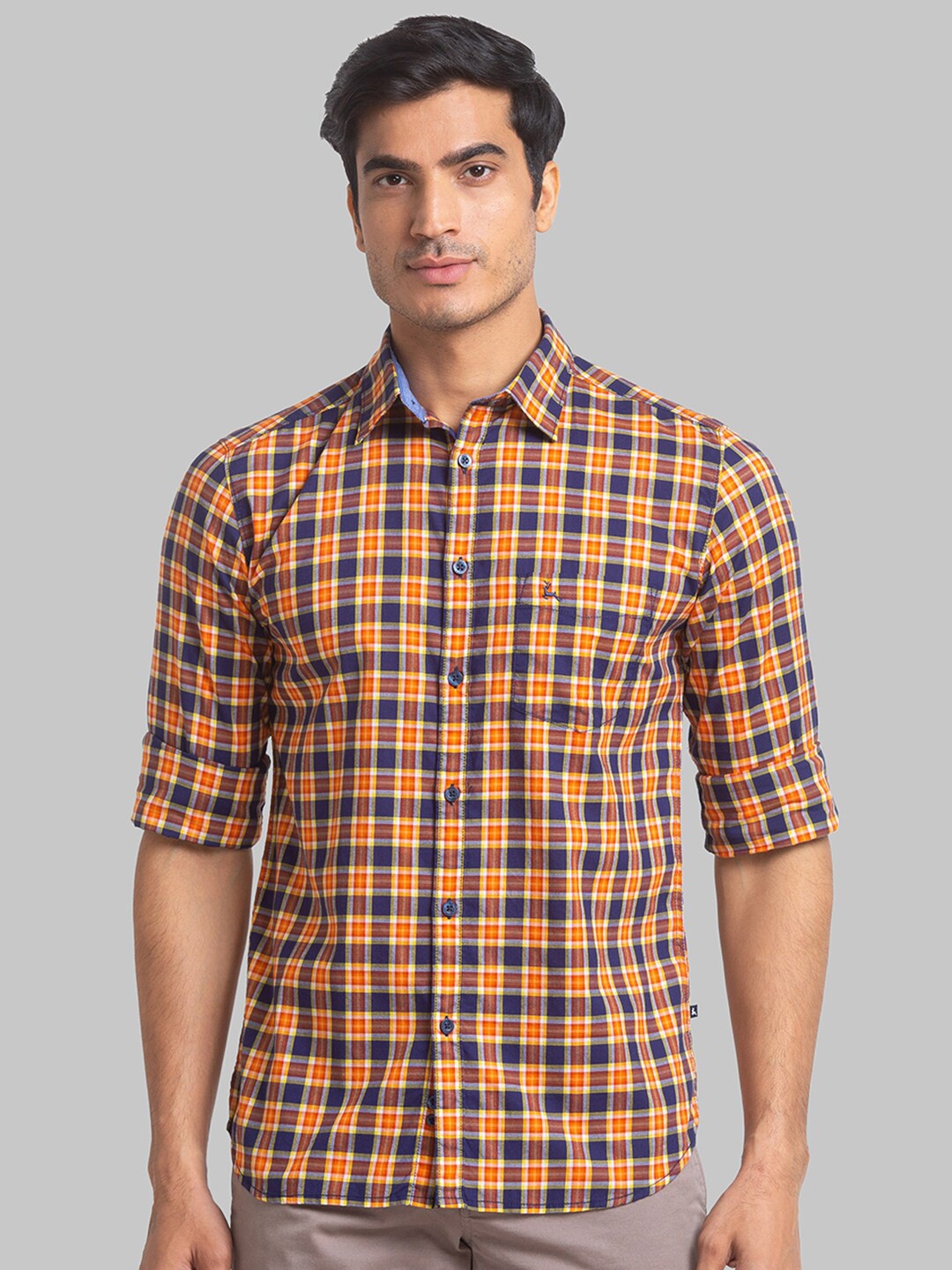 

Parx Slim Fit Long Sleeves Spread Collar Cotton Opaque Checked Casual Shirt, Orange