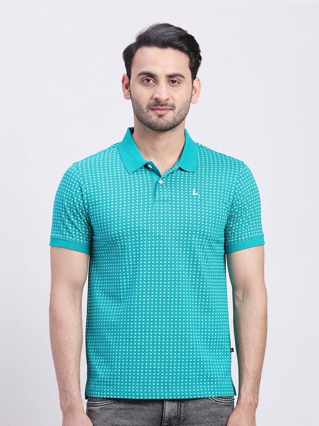 

Parx Geometric Printed Polo Collar Short Sleeves Cotton Casual T-shirt, Green