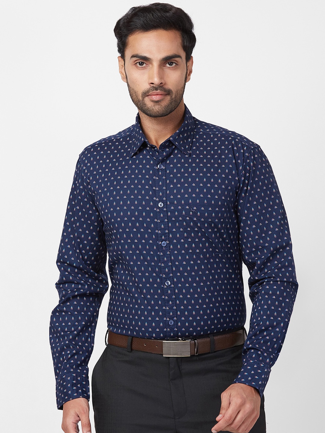 

Parx Slim Fit Printed Spread Collar Formal Shirt, Blue