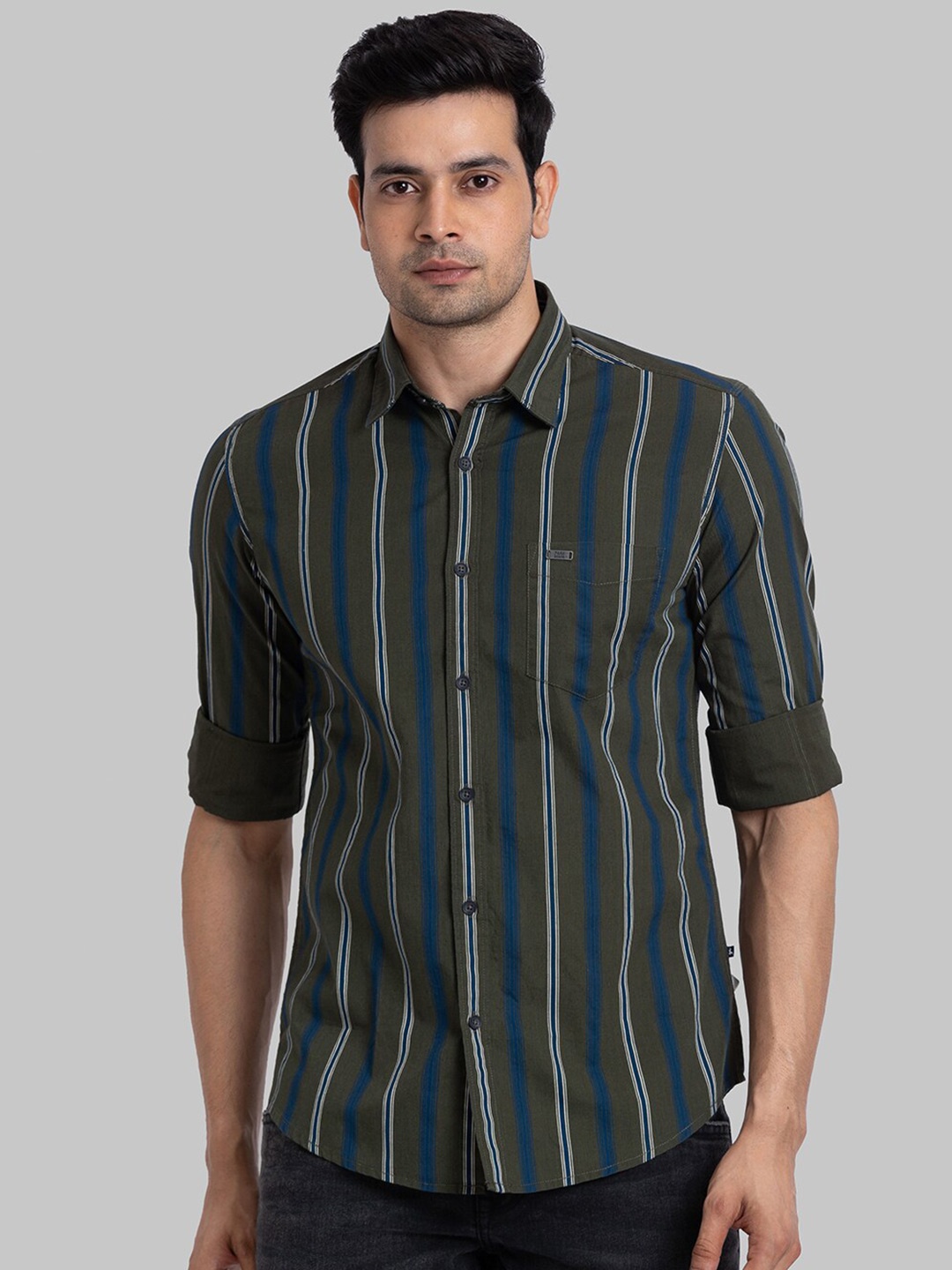 

Parx Slim Fit Striped Spread Collar Long Sleeves Casual Shirt, Green