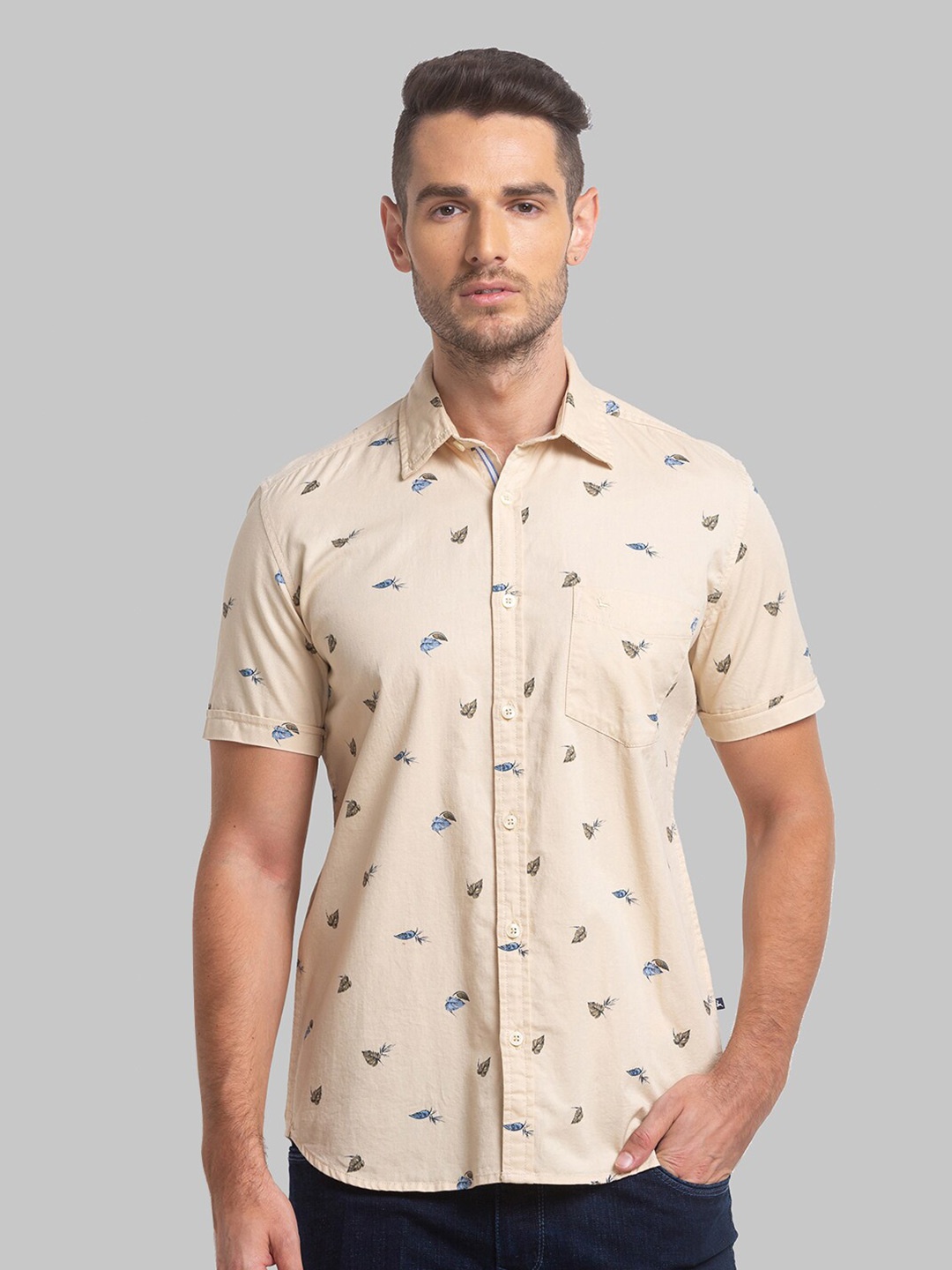 

Parx Slim Fit Printed Spread Collar Casual Shirt, Beige