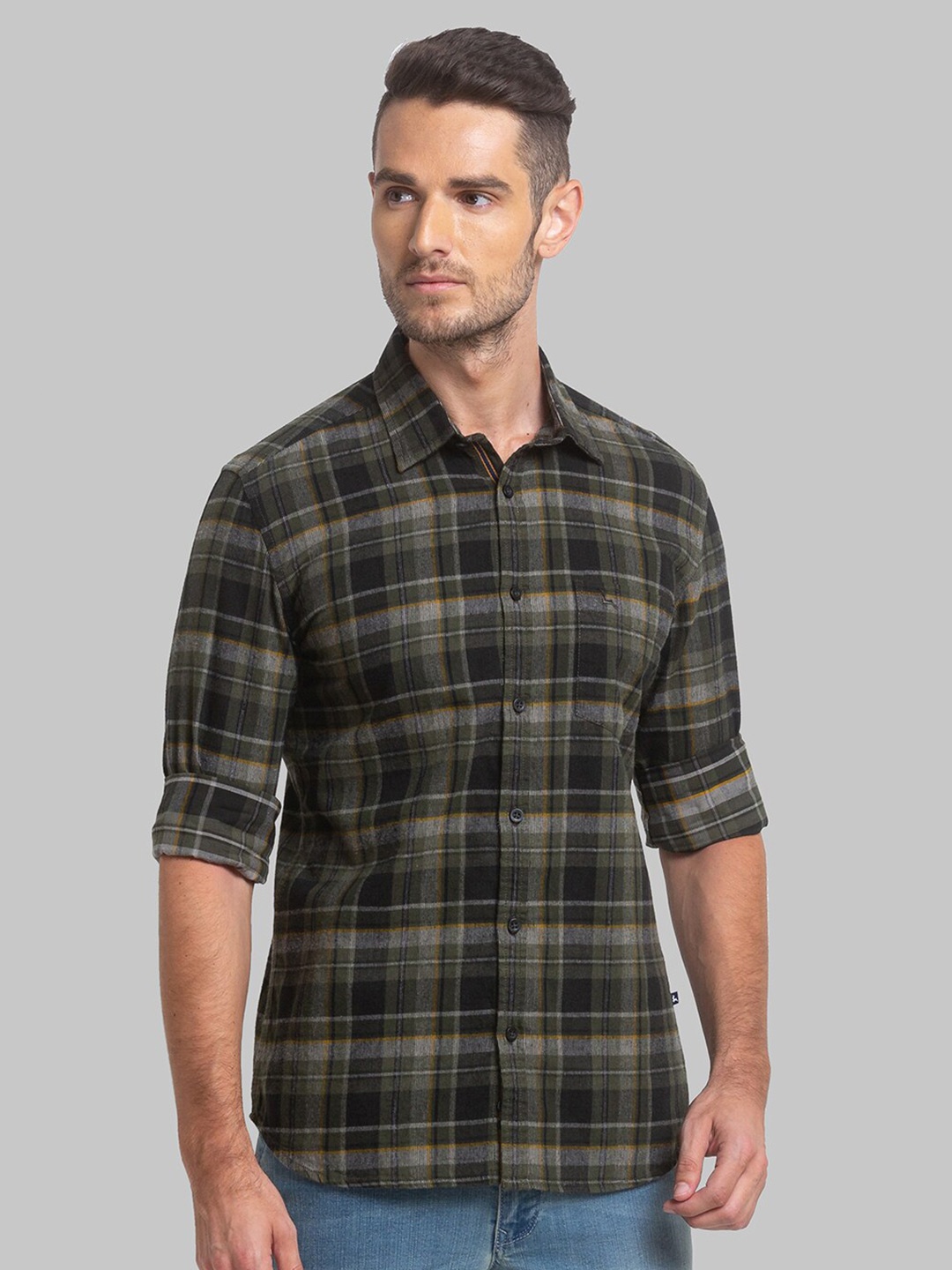

Parx Slim Fit Tartan Checks Cotton Checked Casual Shirt, Green