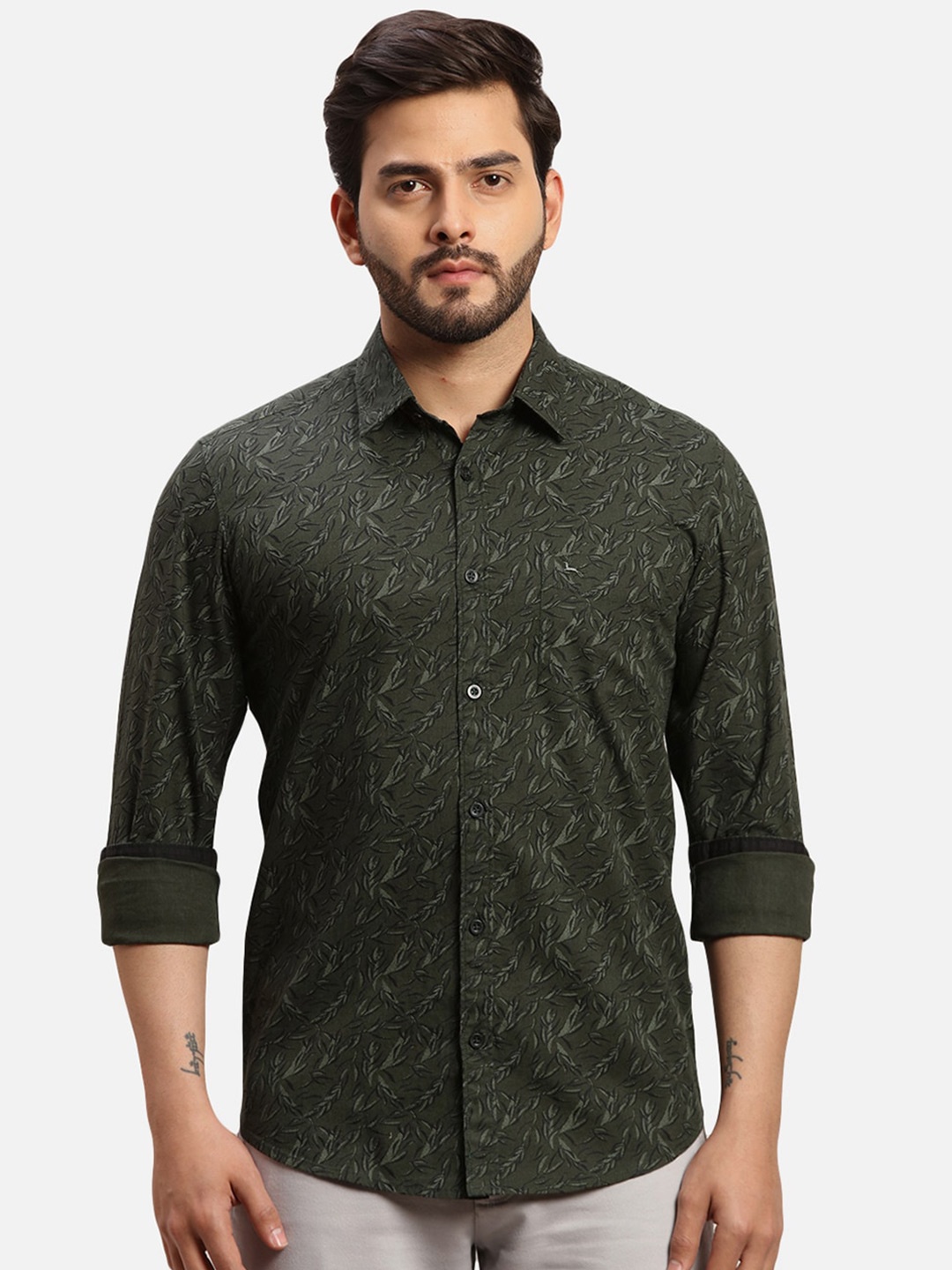 

Parx Slim Fit Floral Printed Opaque Cotton Casual Shirt, Green