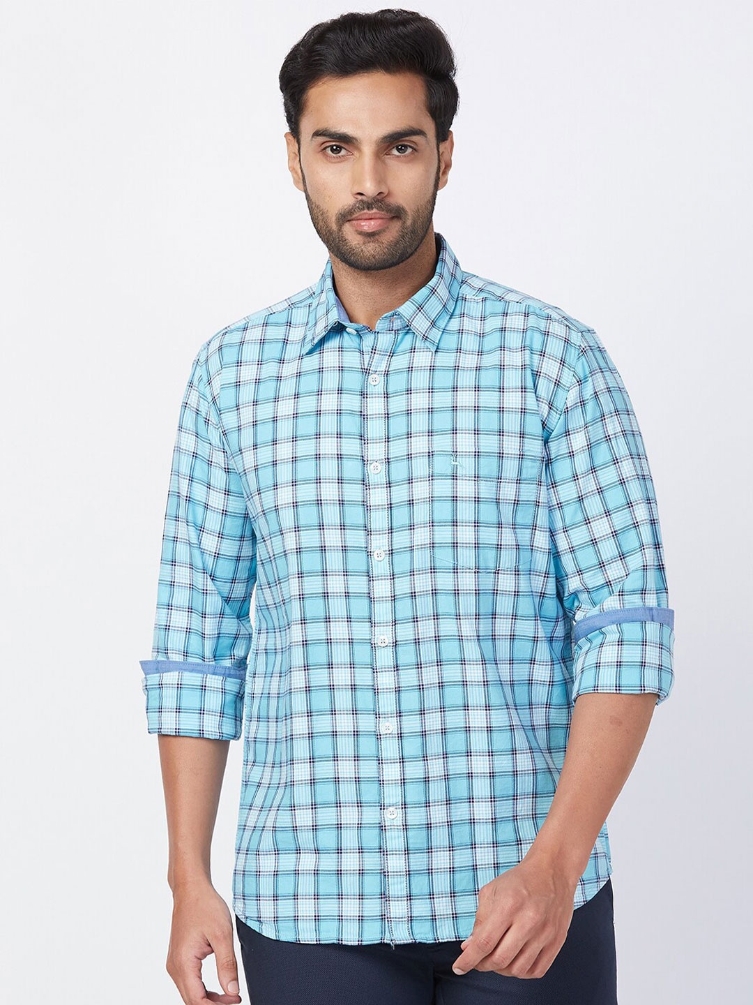 

Parx Slim Fit Checked Spread Collar Casual Shirt, Blue