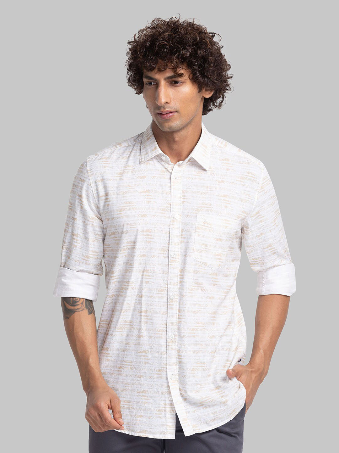 

Parx Slim Fit Printed Spread Collar Casual Shirt, Beige