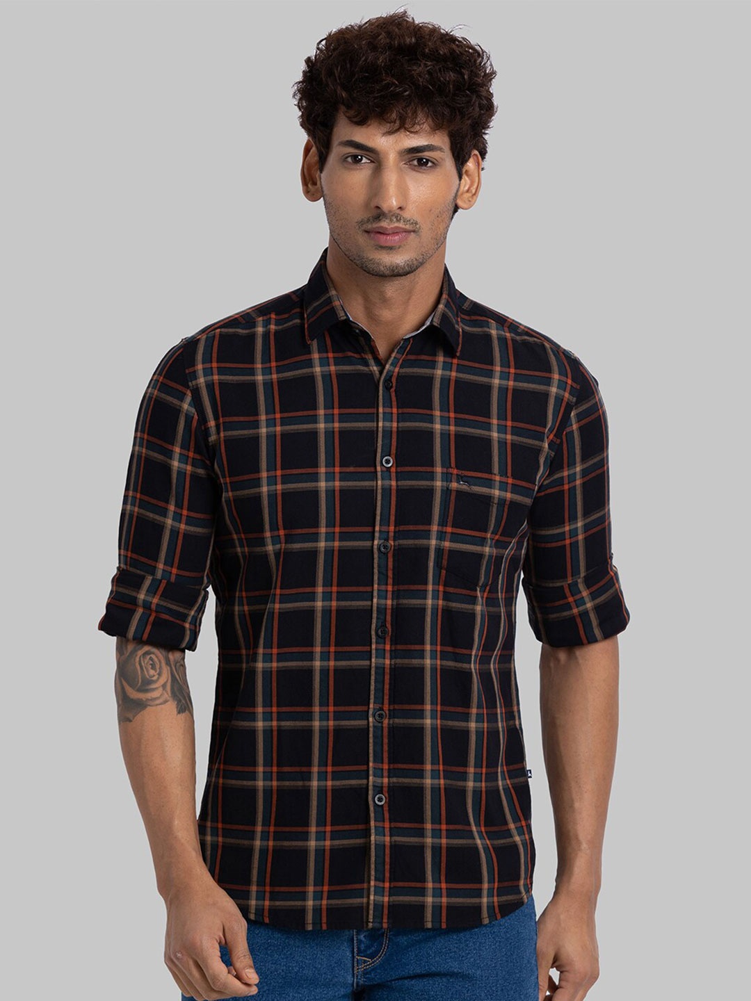

Parx Slim Fit Tartan Checks Opaque Cotton Casual Shirt, Black