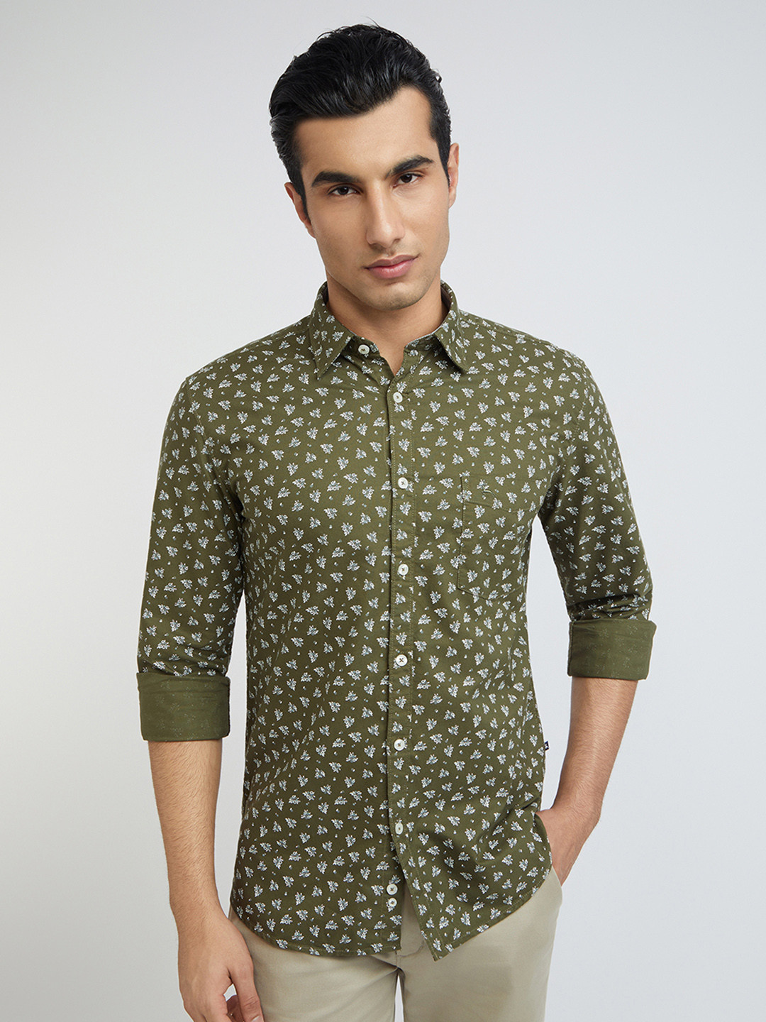 

Parx Slim Fit Floral Cotton Printed Casual Shirt, Green