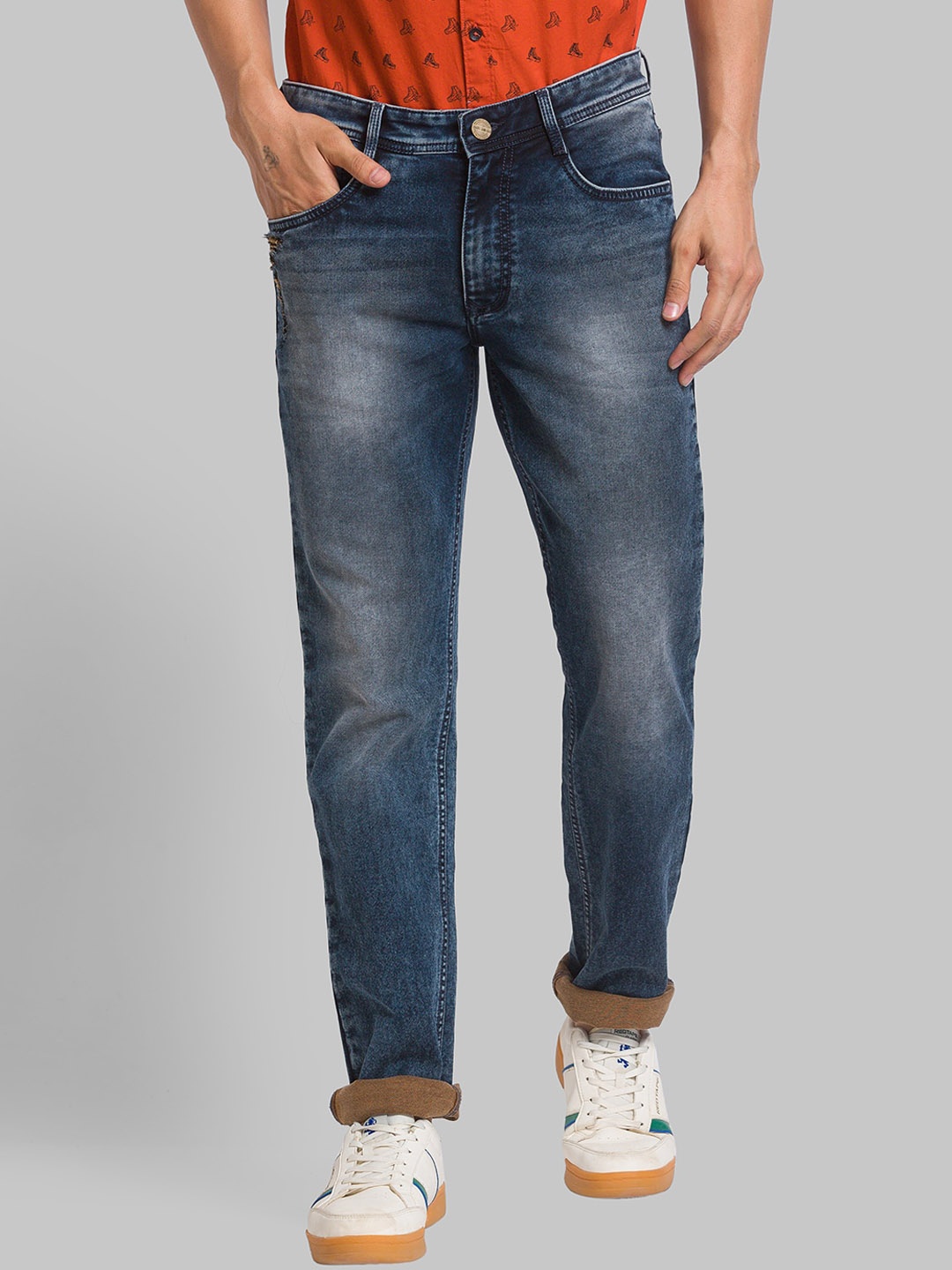 

Parx Men Tapered Fit Low-Rise Heavy Fade Jeans, Blue