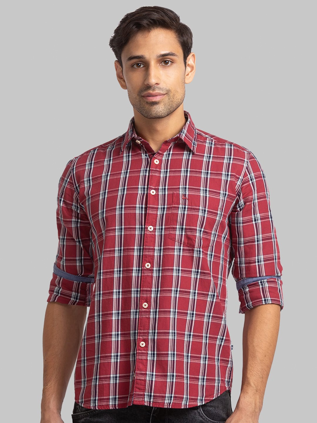 

Parx Slim Fit Tartan Checks Cotton Casual Shirt, Red