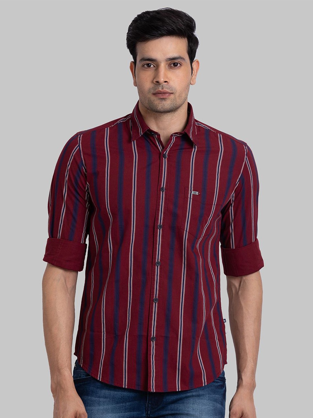 

Parx Slim Fit Striped Spread Collar Casual Shirt, Maroon