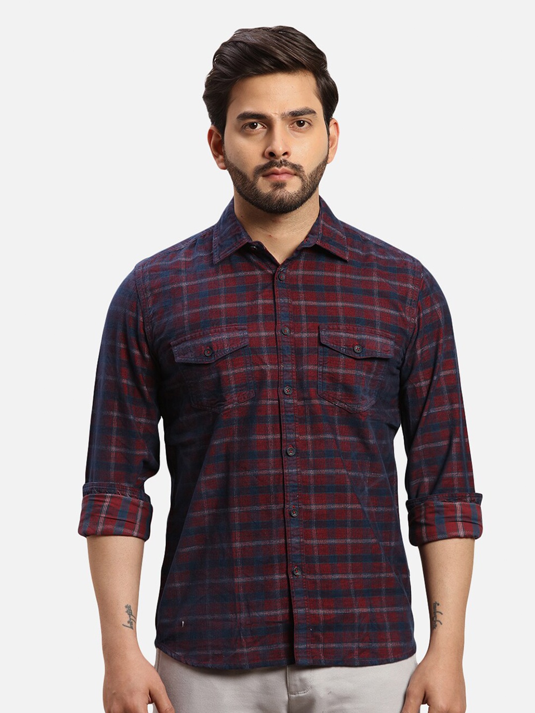 

Parx Slim Fit Checked Spread Collar Long Sleeves Cotton Casual Shirt, Red
