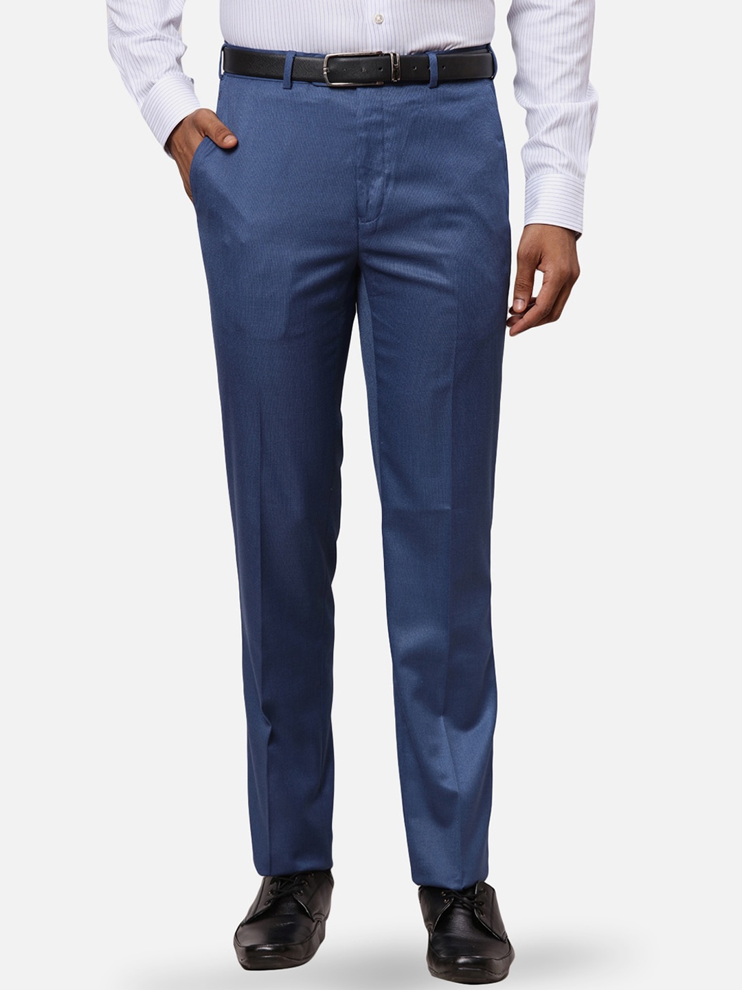 

Raymond Men Self-Design Regular Fit Mid-Rise Regular Trousers, Blue
