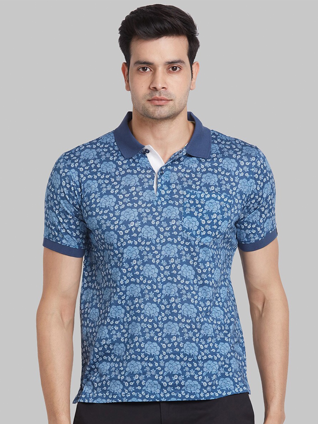

Raymond Floral Printed Cotton Contemporary Fit Tshirt, Blue