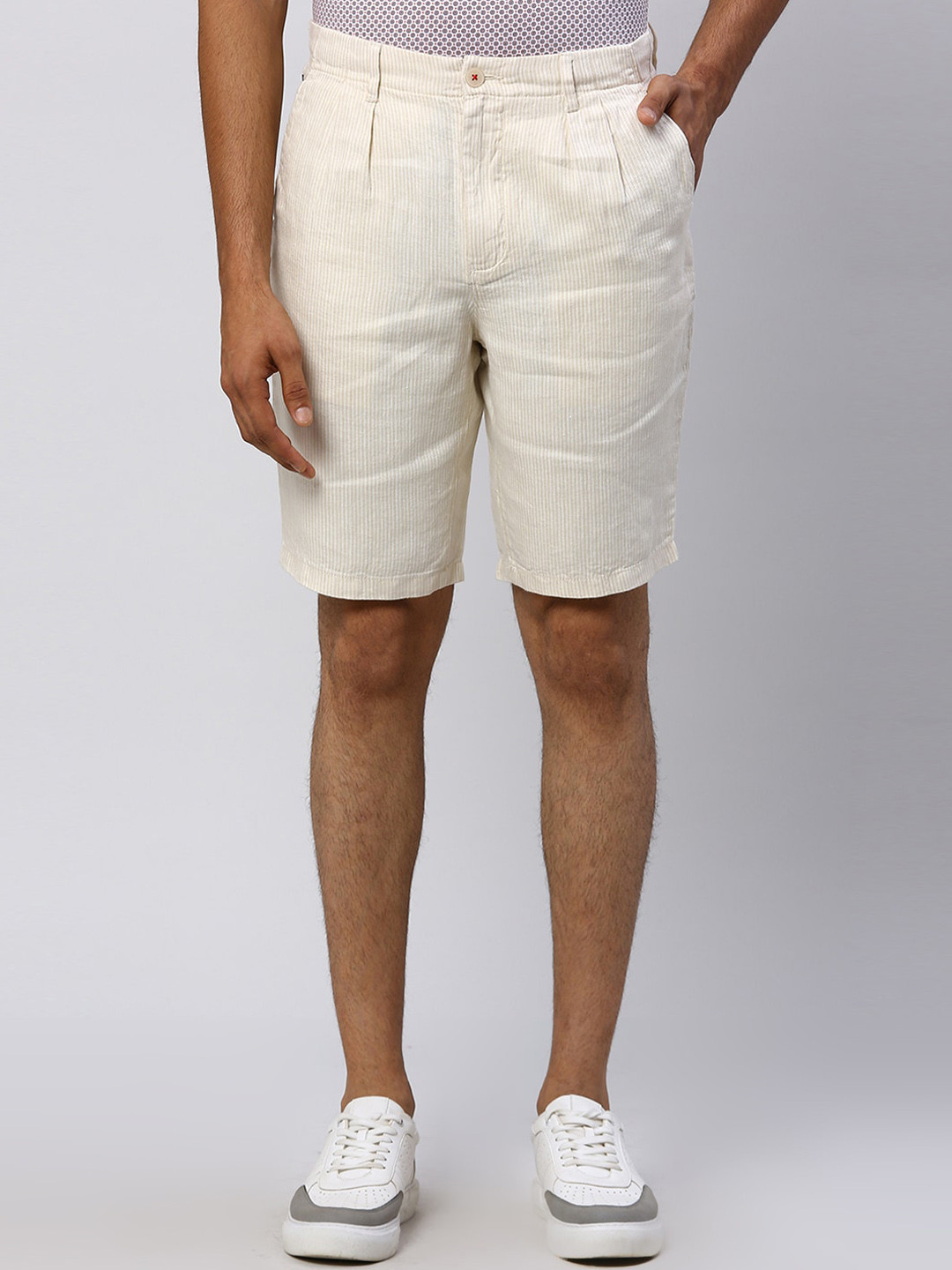 

Raymond Men Striped Slim Fit Linen Shorts, Yellow