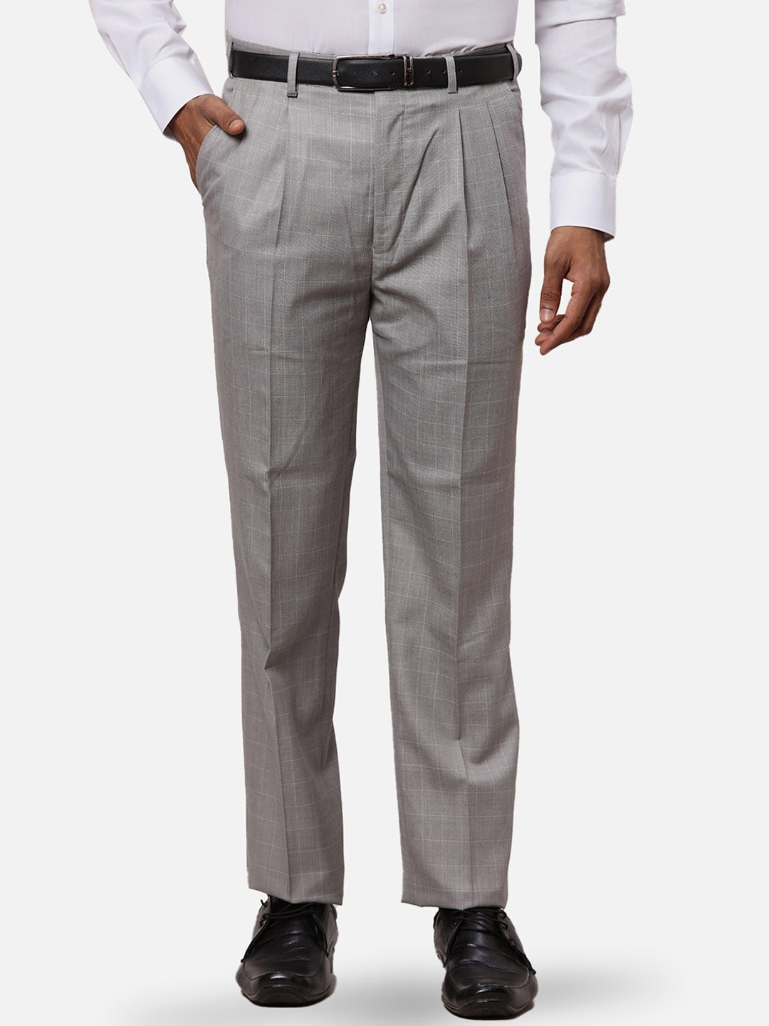 

Raymond Men Checked Mid-Rise Classic-Fit Formal Trouser, Grey