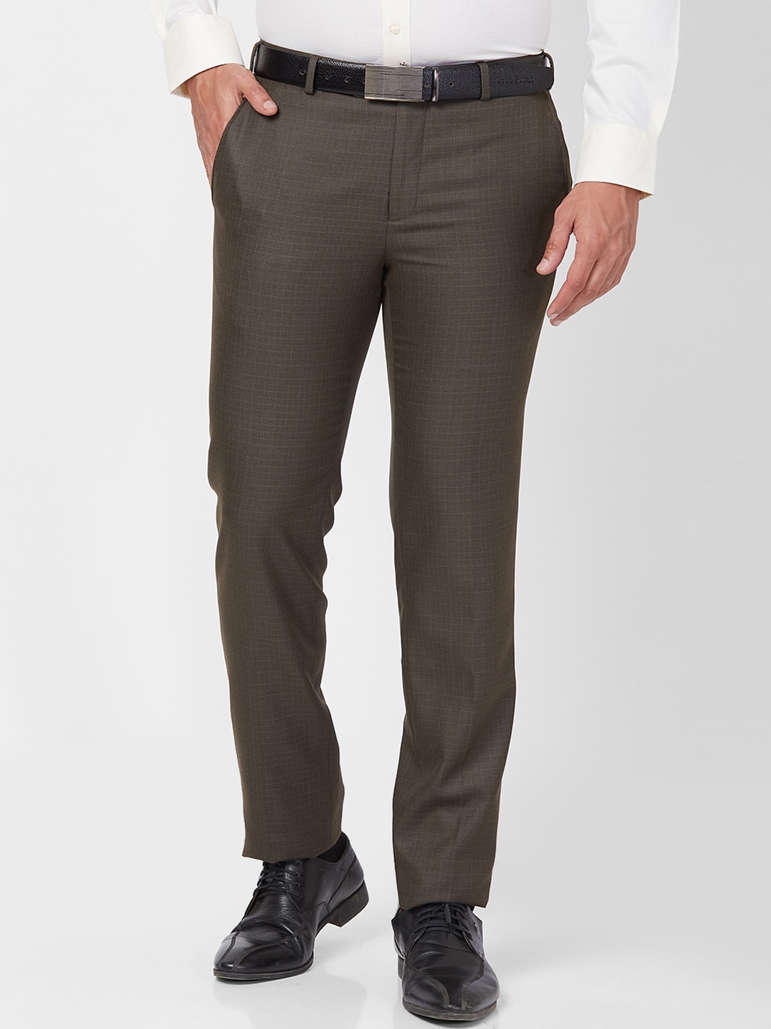 

Raymond Men Checked Slim-Fit Mid-Rise Formal Trousers, Brown