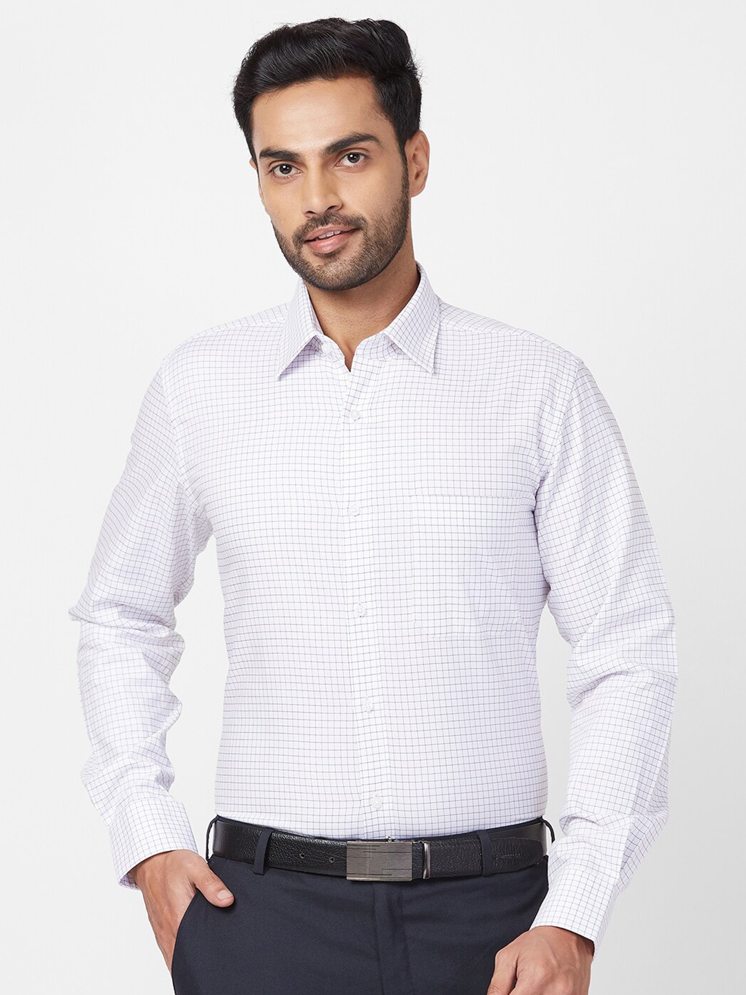 

Raymond Checked Cutaway Collar Contemporary-Fit Cotton Formal Shirt, White