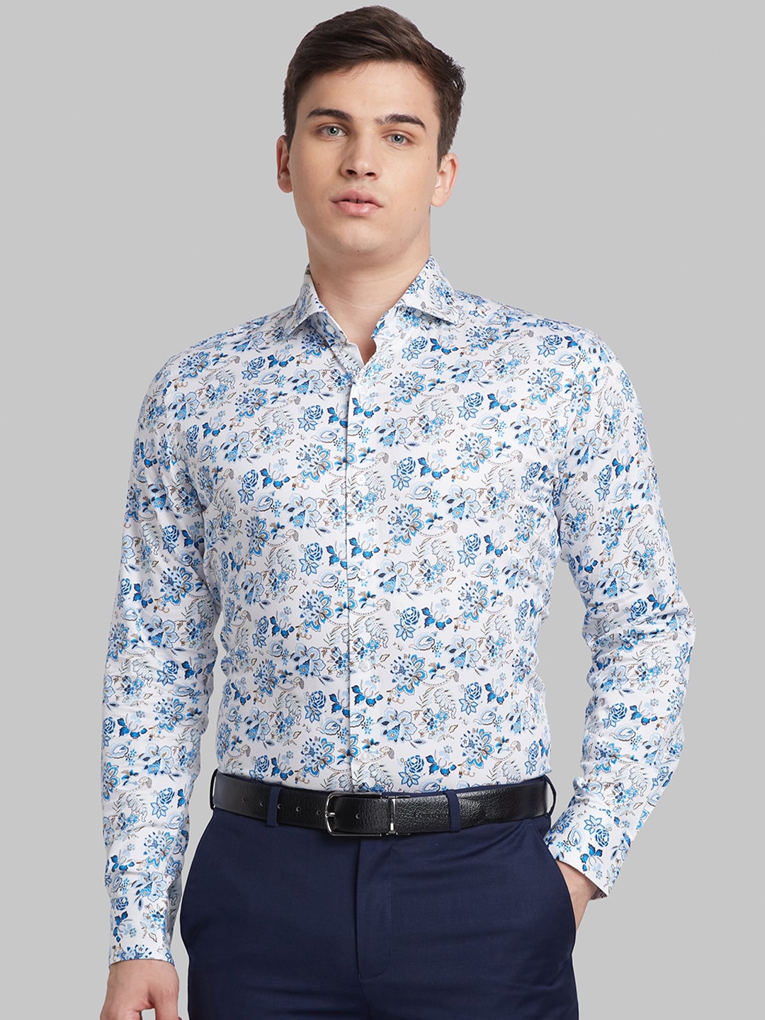 

Raymond Floral Printed Cutaway Collar Slim-Fit Cotton Formal Shirt, Blue