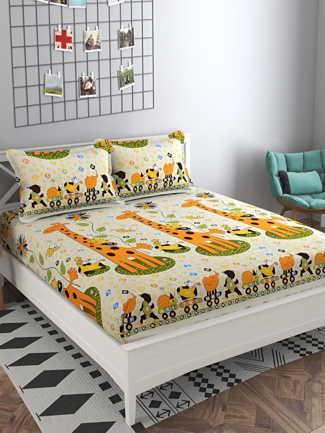 

RRC Beige & Orange Cartoon Characters 144 TC Queen Bedsheet with 2 Pillow Covers