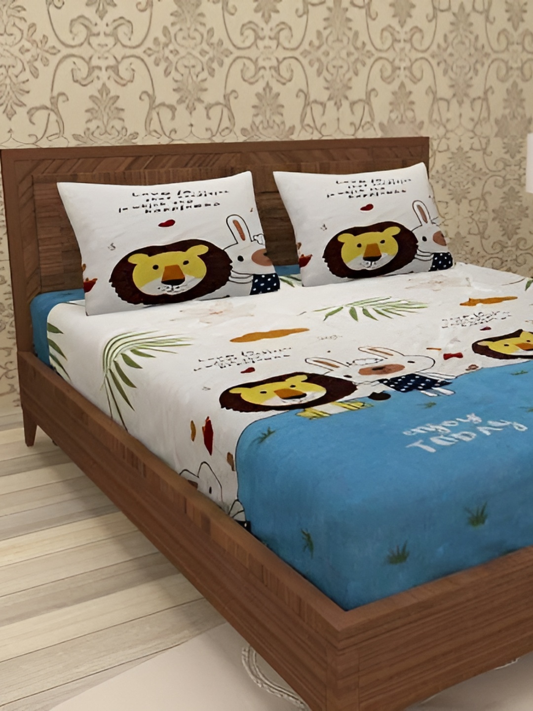 

RRC White & Blue Cartoon Characters 144 TC Queen Bedsheet with 2 Pillow Covers