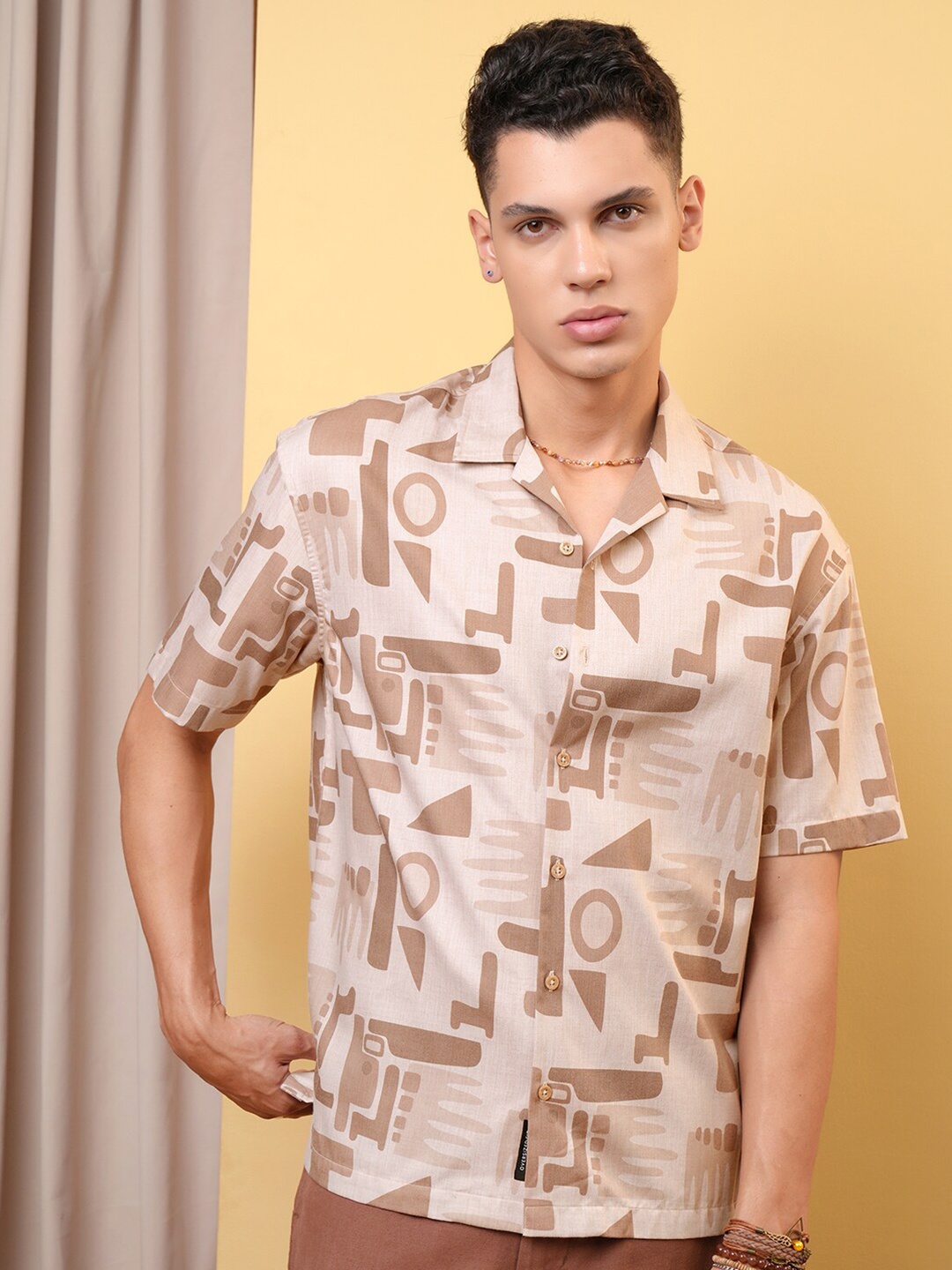 

LOCOMOTIVE Premium Textured Printed Cuban Collar Oversized Shirt, Peach