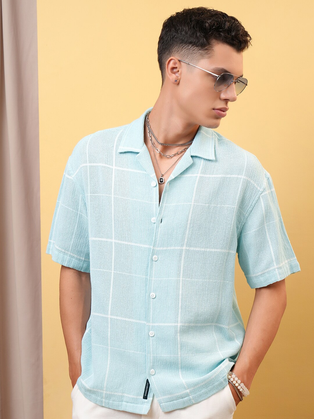 

LOCOMOTIVE Premium Dobby Textured Checked Cuban Collar Oversized Shirt, Blue