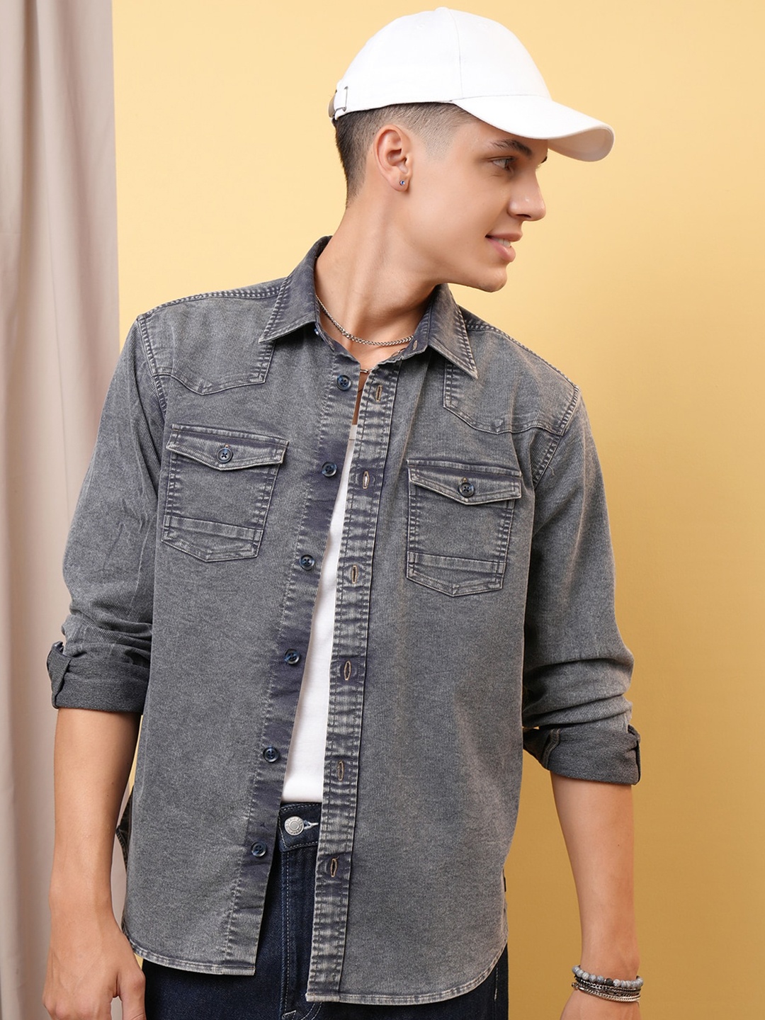 

LOCOMOTIVE Premium Washed Textured Western Yoke Utility Pocket Oversized Overshirt, Navy blue